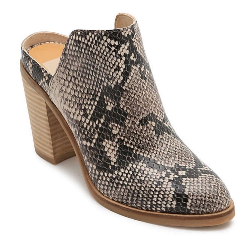 Dolce Vita - women’s Selene‎ Snake embossed heeled Mule shoes gray / tan size 8